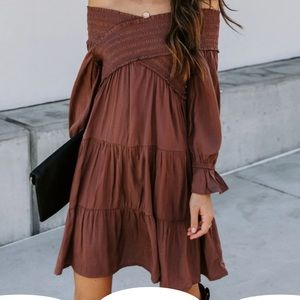 Sev pocketed smocked off the shoulder dress